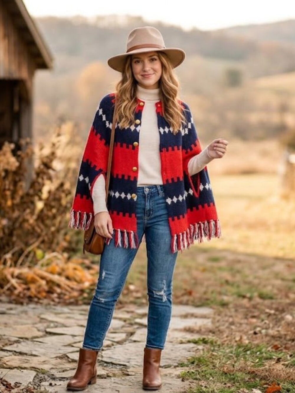 Vintage 70s Knit Fringe Poncho Capelet Red White Blue Gold Button
